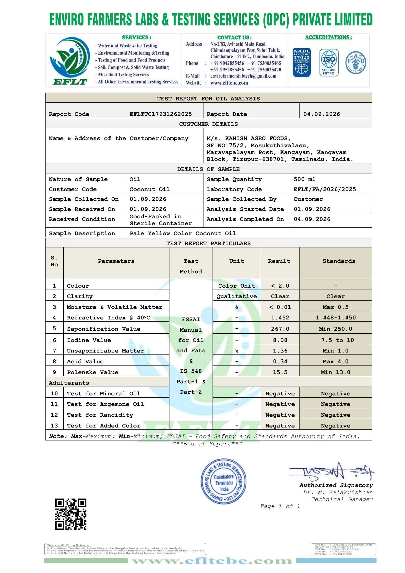 Kanish Agro Foods coconut oil analysis test report dated 04 September 2026