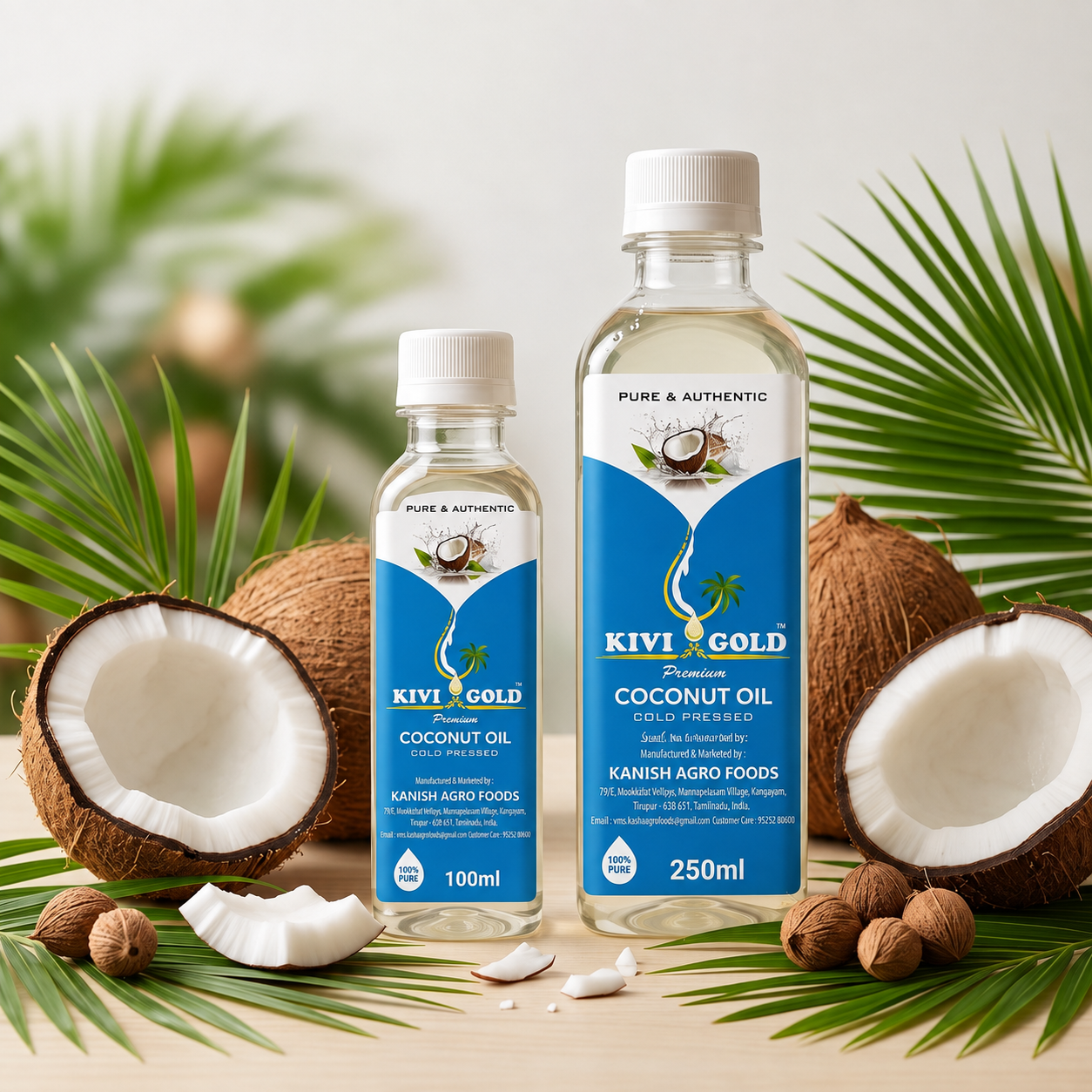 Kivi Gold 100ml and 250ml Coconut Oil Bottles